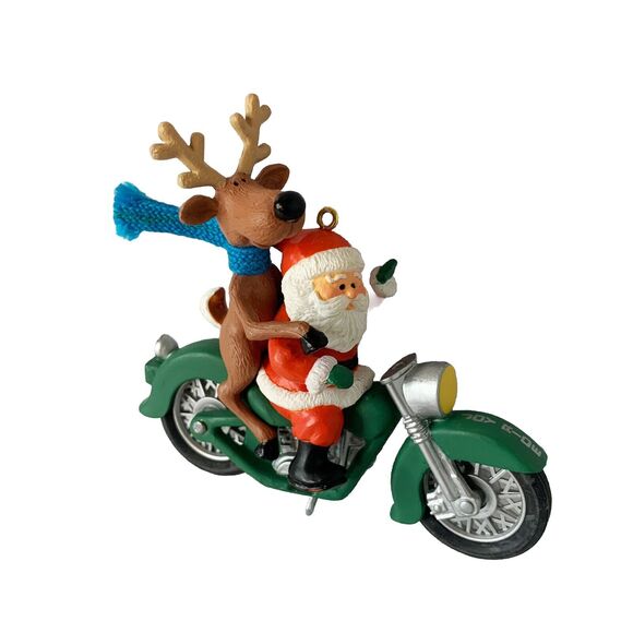 Hallmark Ornament Joy Ride Santa & Reindeer On Motorcycle 1987 - Picture 1 of 7